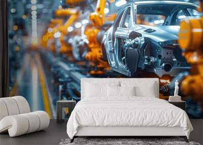 Robotic arms assembling car body in urban transport industry factory, innovation technology sport style Wall mural