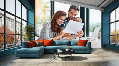 Documents, finance and couple planning budget for tax, bills and savings on laptop with banking, online payment and investment. People, paperwork and happy conversation on financial growth strategy Wall mural