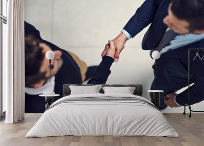 Its been a pleasure doing business with you. High angle shot of two businessmen shaking hands in an office. Wall mural