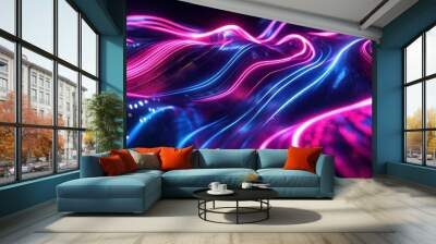 A colorful, neon-lit landscape with a purple and blue wave Wall mural