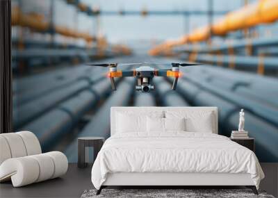 A drone inspecting pipelines in an industrial setting. Wall mural