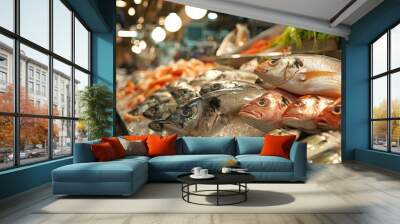 A fish market with a variety of fish on display Wall mural