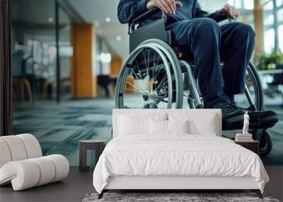 A man in a wheelchair is sitting in a room with a lot of chairs Wall mural