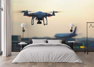 A white drone is flying over a runway Wall mural