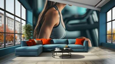 A woman is sitting on a treadmill, looking at the camera Wall mural