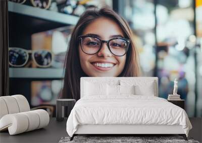 A woman wearing glasses is smiling at the camera Wall mural