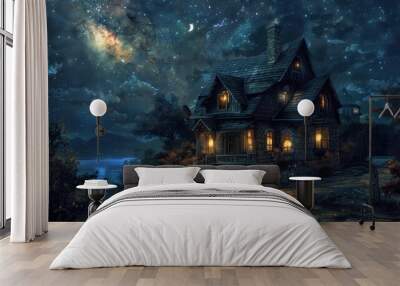 Enchanting Cottage Under a Starry Sky Wall mural