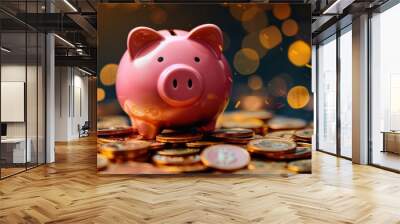 Piggy bank atop a glittering pile of coins, symbolizing savings and financial prosperity, illuminated by a warm bokeh of golden lights creating a festive atmosphere. Wall mural