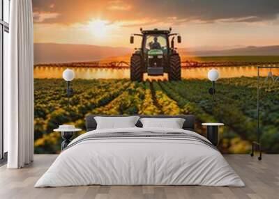 Tractor Spraying Crops at Sunset Wall mural