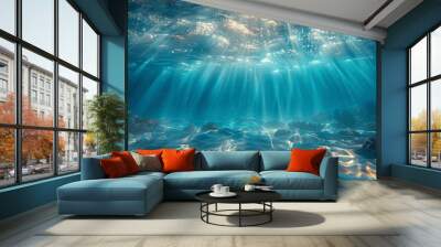 Underwater Blue Ocean Scene with Sun Rays and Bubbles Wall mural