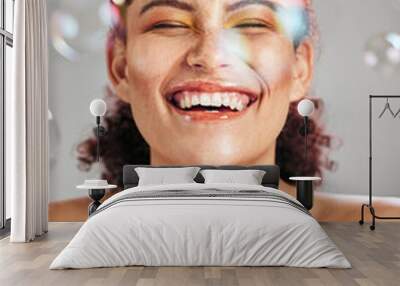 Bubbles, happy face and beauty woman in studio for skincare cosmetics, natural skin and dermatology. Facial makeup, health and wellness of comic model person with luxury body product glow and peace Wall mural