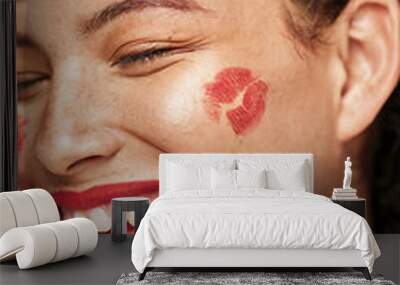 Happy woman, red lipstick and makeup on face of skin model in studio for cosmetics and love. Headshot of aesthetic person with funny comic idea for valentines day spa facial or skincare motivation Wall mural