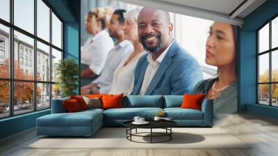 Hiring, diversity recruitment and businessman in waiting room ready for job interview with human resources. Business people job search, company hr choice and portrait of African candidate in line Wall mural