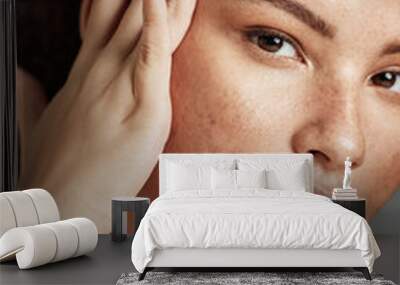 Skin, beauty and black woman portrait with skincare glow from spa treatment and makeup. Model, hand and face of a person relax after dermatology detox in a studio with gray background feeling healthy Wall mural