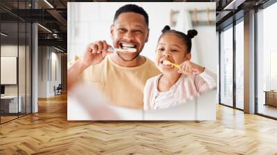 Child, dad and brushing teeth in a family home bathroom for dental health and wellness in a mirror. Face of african man and girl kid learning to clean mouth with toothbrush and smile for oral hygiene Wall mural