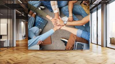 Teamwork, hands and group of students in university for collaboration, unity or motivation. Support, solidarity and people or friends huddle for education goals, learning targets or success mindset. Wall mural