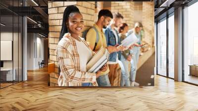 University, hallway and portrait of black woman and students standing in row together with books before class. Friends, education and future learning, girl in study group on campus in lobby for exam. Wall mural