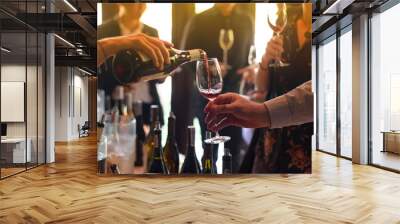 pouring red wine from the bottle into glasses Wall mural