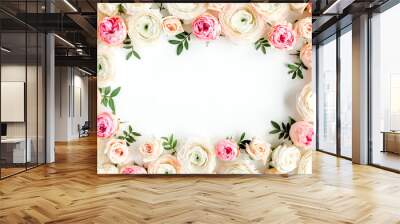 Floral pattern frame made of pink ranunculus and roses flower buds on white background.  Flat lay, top view floral background. Wall mural