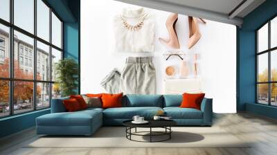 woman clothes and accessories set on white background top view. modern and casual outfit. fashion, s Wall mural