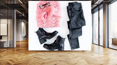 Women fashion clothes and accessories. Feminine youth collage on white background top view. Flat lay female style look with warm sweater, jeans, boot, glasses. Top view. Wall mural