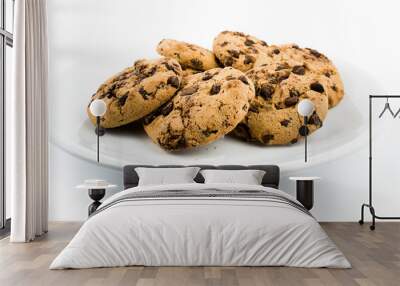 chocolate chip cookies on a plate isolated on white Wall mural