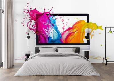 A computer monitor with a colourful liquid splash isolated on a transparent background Wall mural