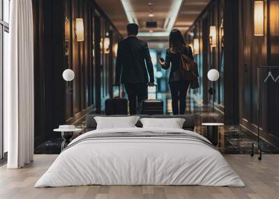 A couple of business travelers walk down a hotel hallway carrying suitcases Wall mural