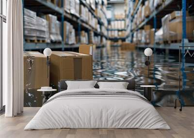 A flooded warehouse with cardboard floating on the water Wall mural