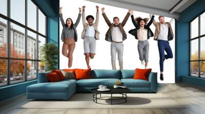 A group of multiracial people in suits jump in the air on a transparent background Wall mural