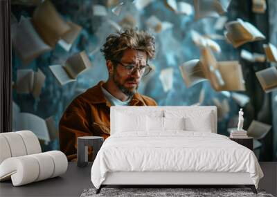 A man covers her face with a book and is surrounded by flying papers depicting a bookworm Wall mural