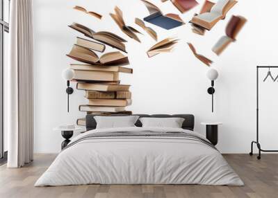 A pile of books flying in the air isolated on a transparent background Wall mural