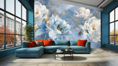 Blue marble background with floral design. Wall art panels Wall mural