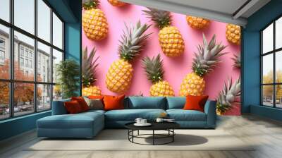 Bright pattern of many pineapples on a trendy soft pink background. Average ripe fruit, Ai generative Wall mural