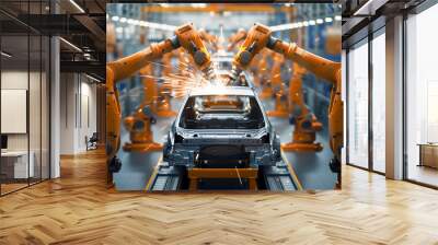 Car assembly lines with robots and human workers collaborating to make modern vehicles. Wall mural