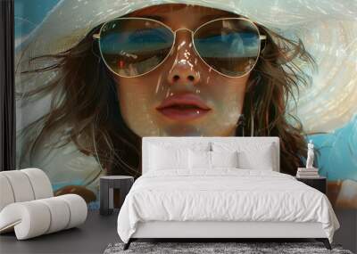 Close-up of a Woman in a white beach hat and glasses sunbathing in the summer sun Wall mural