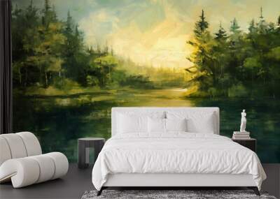 Digital painting of a forest lake with trees and reflection in water. Wall mural