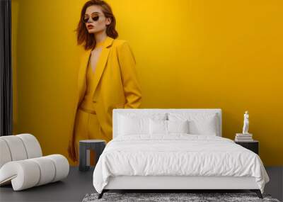 Female fashion model in yellow suit on yellow background Wall mural