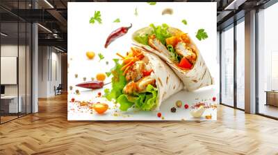 Fresh grilled chicken wrap roll with flying vegetable pieces on a white background Wall mural