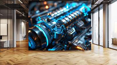 Futuristic metallic car engine with blue neon abstract Wall mural