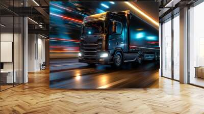 Futuristic truck driving on the road with motion blur background, transportation and logistics concept Wall mural