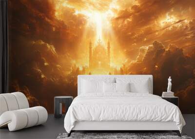 Golden light shone on the throne surrounded by clouds Wall mural