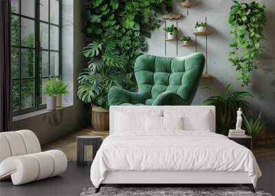 Green armchair in modern interior with window and plant. 3d render Wall mural