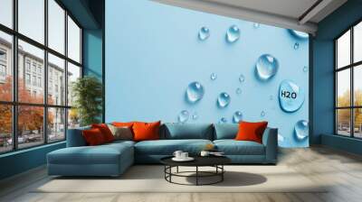 H2O water bubbles on a light blue background. Water chemical formula Wall mural