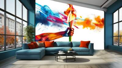 Hand with colourful burning torch isolated on transparent background. Victory sport concept. Wall mural