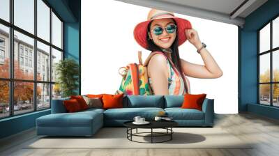 Happy Asian tourist woman wearing a beach hat and backpack isolated on a transparent background. Summer vacation concept. Wall mural