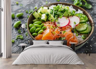 Hawaiian salmon poke bowl with rice, radish, cucumber, edamame Wall mural