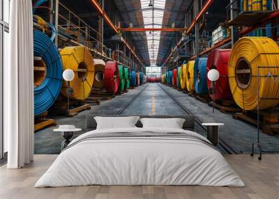 Industrial cable reels of various colors in warehouse. Rows of large coils with multicolored cables in wooden pallets Wall mural