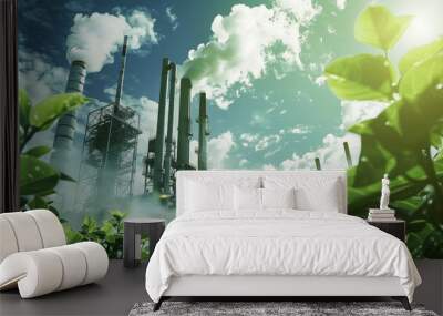 industrial landscape with blue sky and green plant Wall mural