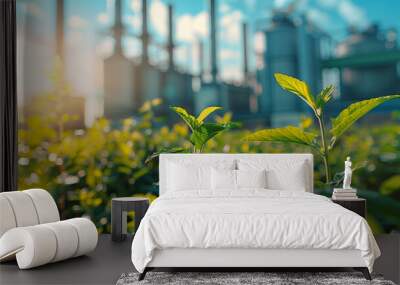 industrial landscape with blue sky and green plant Wall mural